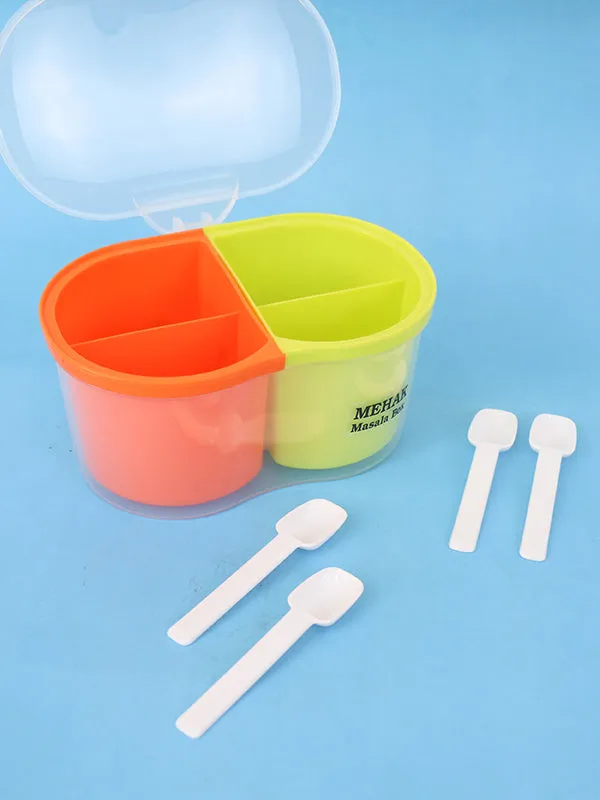 4 Compartment Spice Box With Spoons Orange & Green