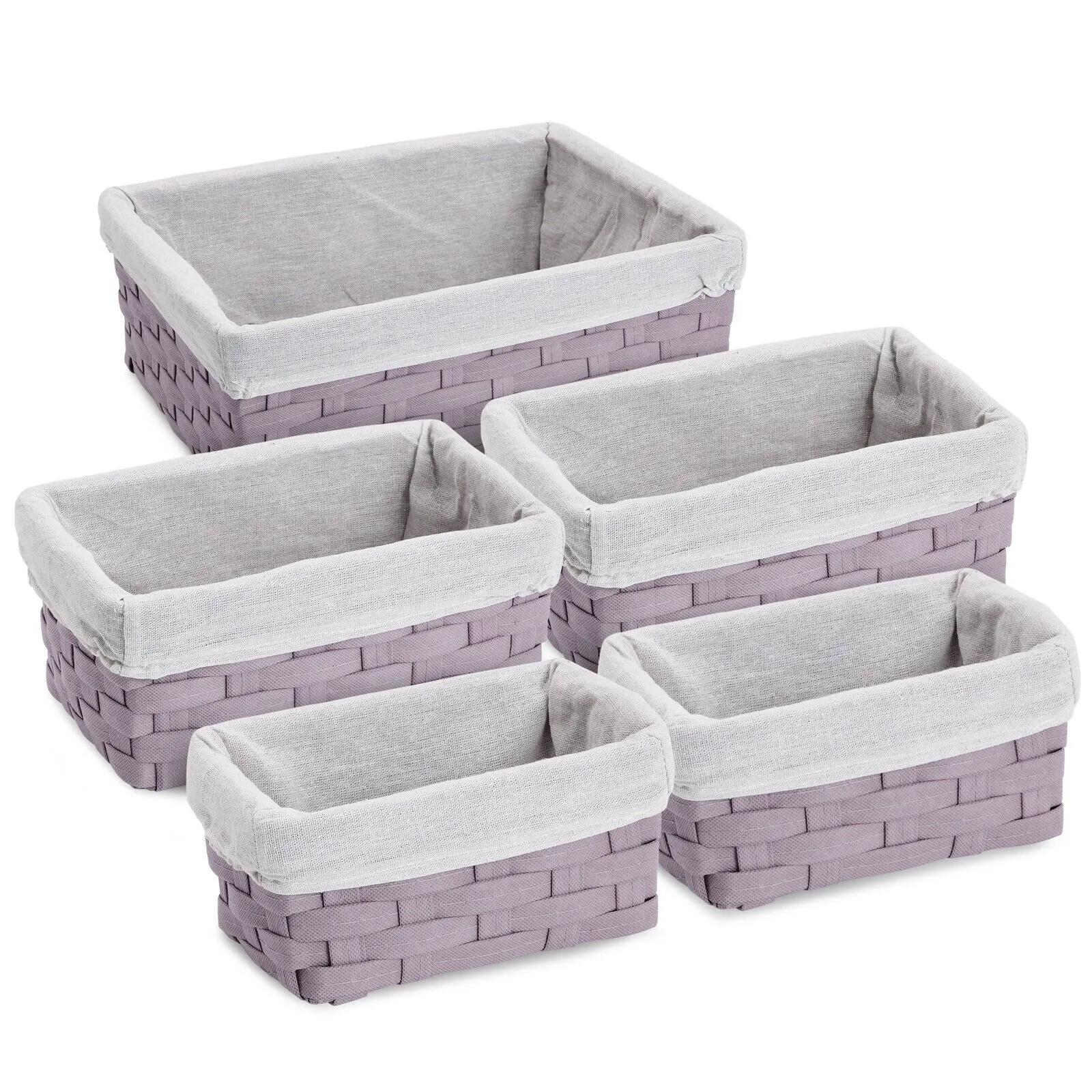 5 Piece Set Woven Nesting Storage Baskets, Decorative Organizing Bins, Lavender