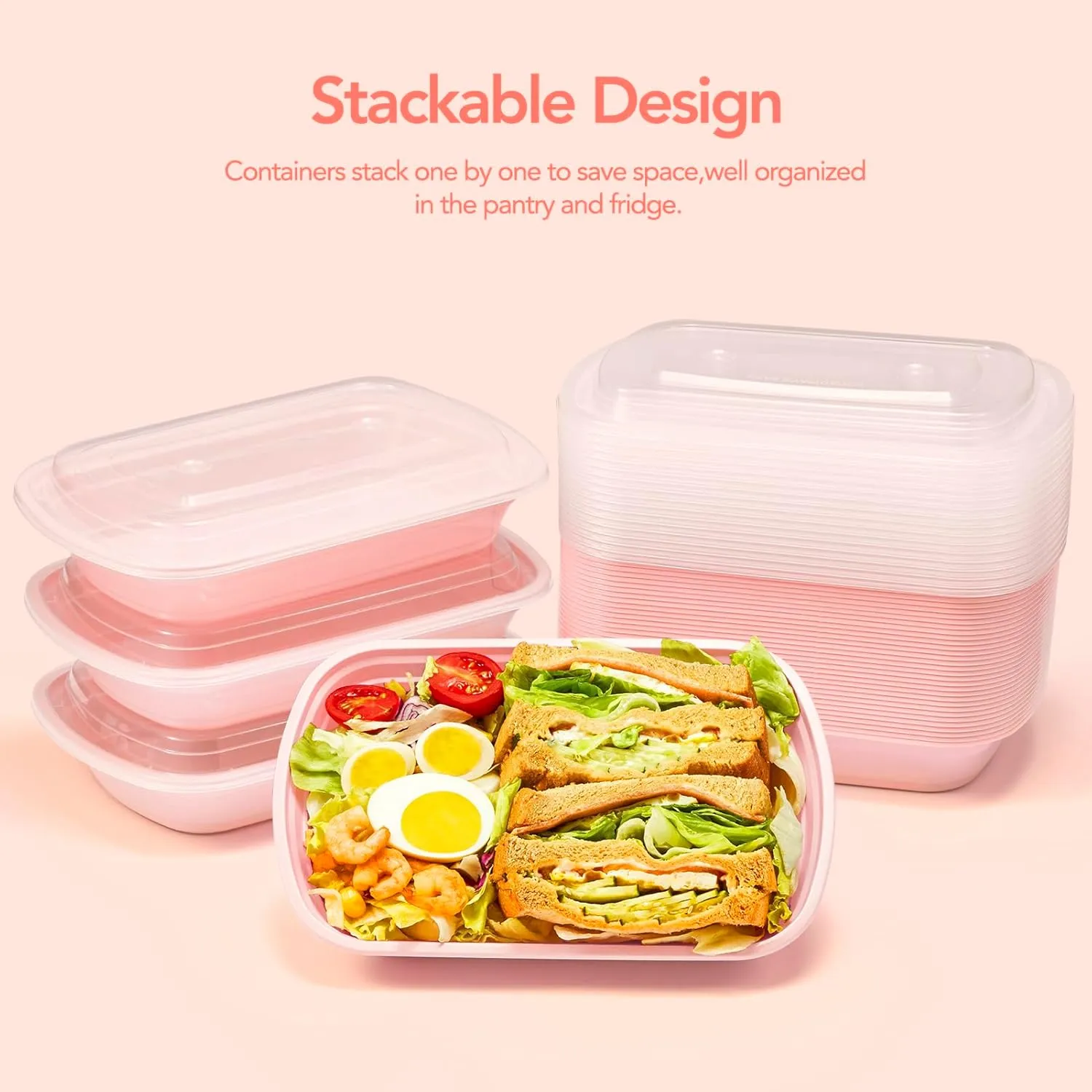 50 Pack 32OZ  Pink Meal Prep Containers, , Disposable Plastic Food Containers with Lids