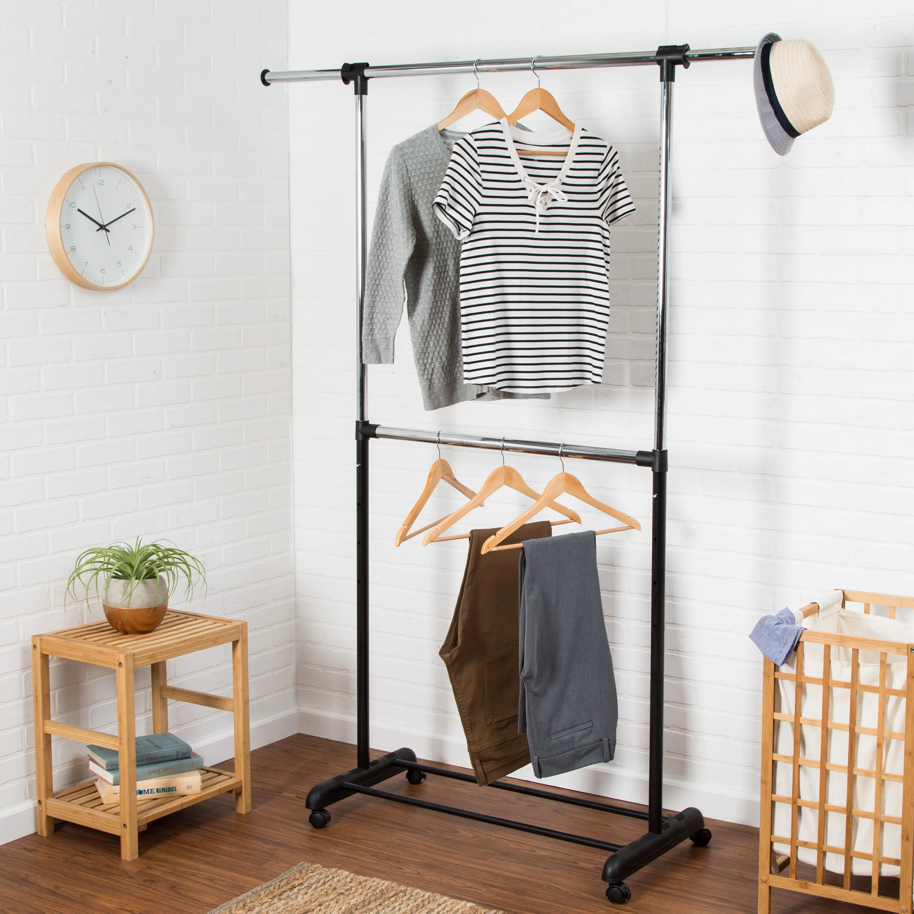 Chrome/Black Expandable Dual Rod Rolling Clothes Rack