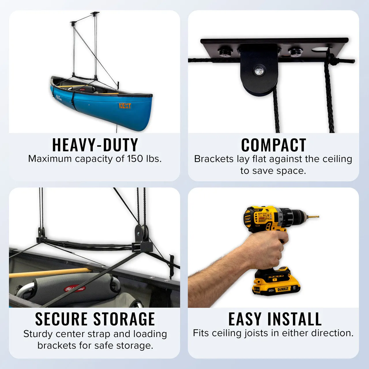 Essential Canoe Garage Ceiling Storage Hoist | Holds up to 150 lbs