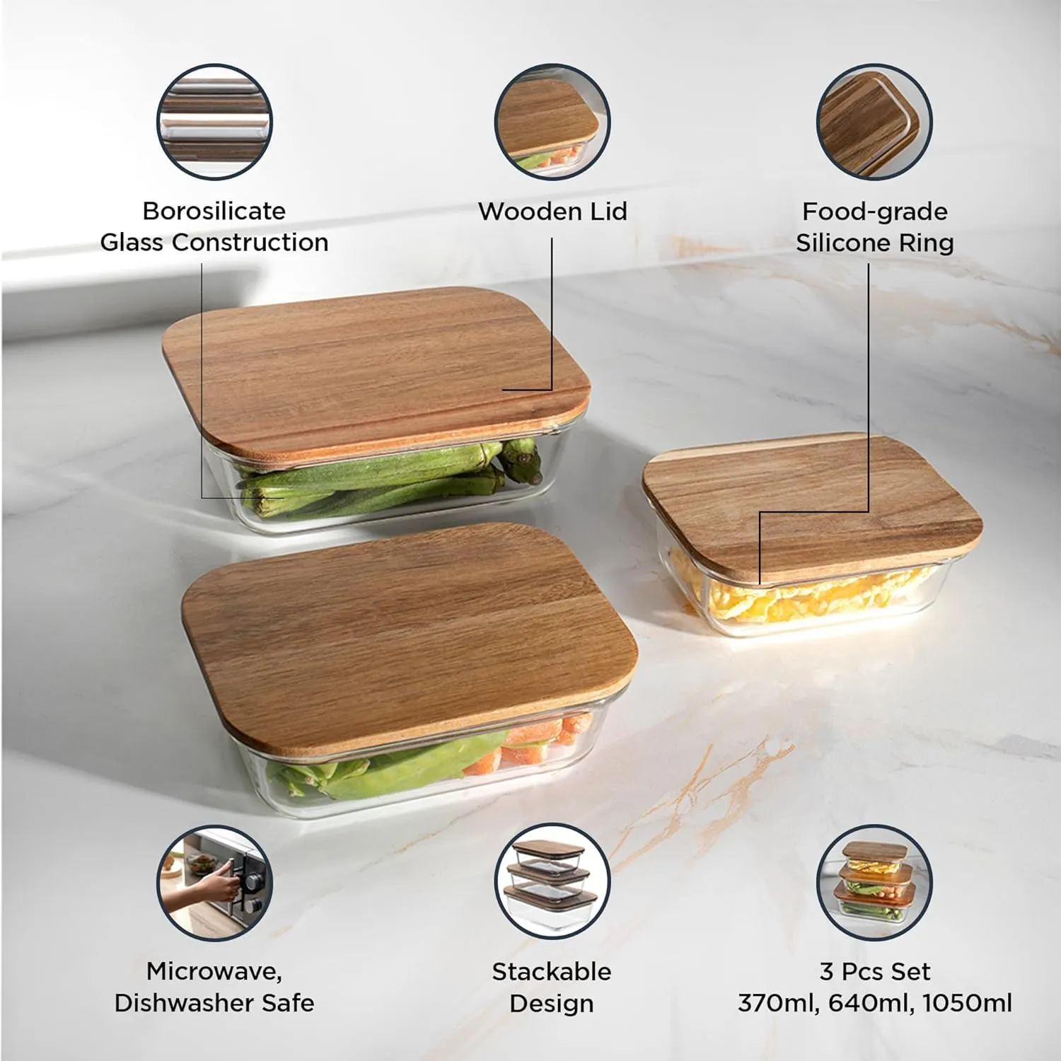 Gleevers Umai Borosilicate Glass Kitchen Containers Set with Wooden Lid | Microwave Safe | Set of 3-370ml, 640ml,1050ml | Airtight Container Set for Kitchen | Kitchen Organizer Items and Storage