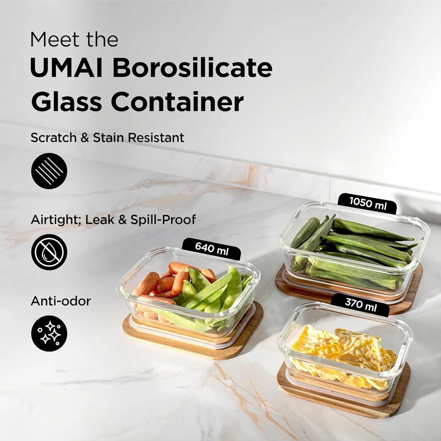 Gleevers Umai Borosilicate Glass Kitchen Containers Set with Wooden Lid | Microwave Safe | Set of 3-370ml, 640ml,1050ml | Airtight Container Set for Kitchen | Kitchen Organizer Items and Storage