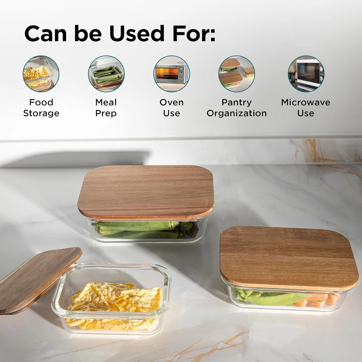 Gleevers Umai Borosilicate Glass Kitchen Containers Set with Wooden Lid | Microwave Safe | Set of 3-370ml, 640ml,1050ml | Airtight Container Set for Kitchen | Kitchen Organizer Items and Storage