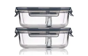 HOMIES INTERNATIONAL Glass 2 Compartment Rectangular Storage/Serving Bowl Set Lunch Tiffin Box with Clamp Plastic Lid (1000ML Each) - Set of 2 Piece
