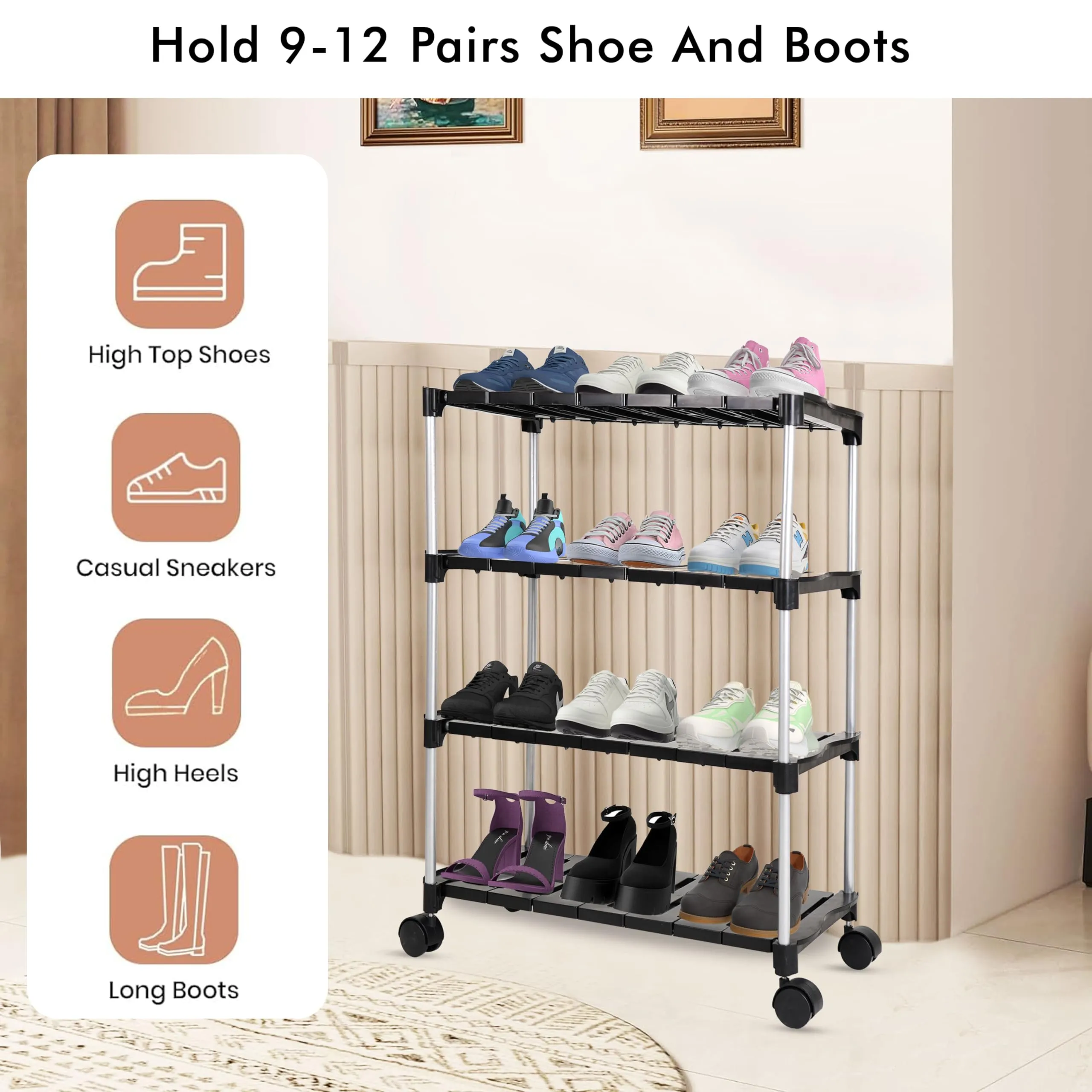LEOPAX Metal Shoe Rack Organizer, 4 Tier Adjustable & Stackable Metal Iron Shoe Shelf, Shoe Storage Organizer for Closet Bedroom Entryway - Black (62 x 31 x 85 cm)