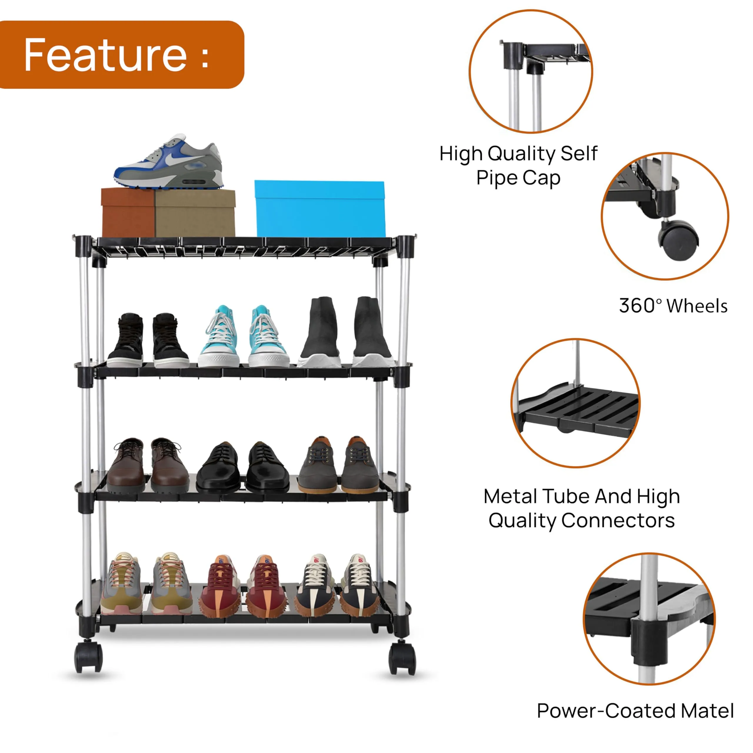 LEOPAX Metal Shoe Rack Organizer, 4 Tier Adjustable & Stackable Metal Iron Shoe Shelf, Shoe Storage Organizer for Closet Bedroom Entryway - Black (62 x 31 x 85 cm)