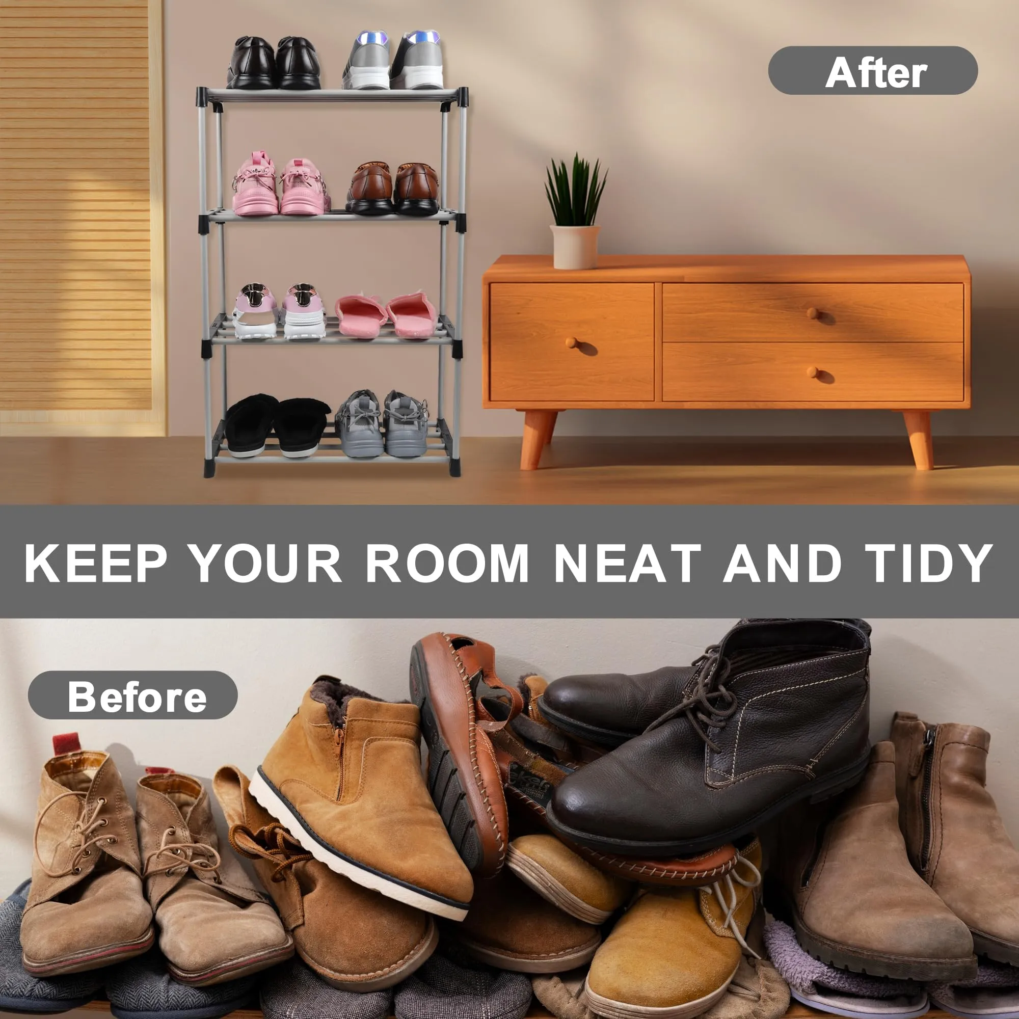 LOTSPEK Shoe Rack Organizer/Multi-Purpose Plastic 4 Layers Portable and Shelf Storage Cabinet Stand Expandable for Heels, Boots, Slippers Rack(Black)
