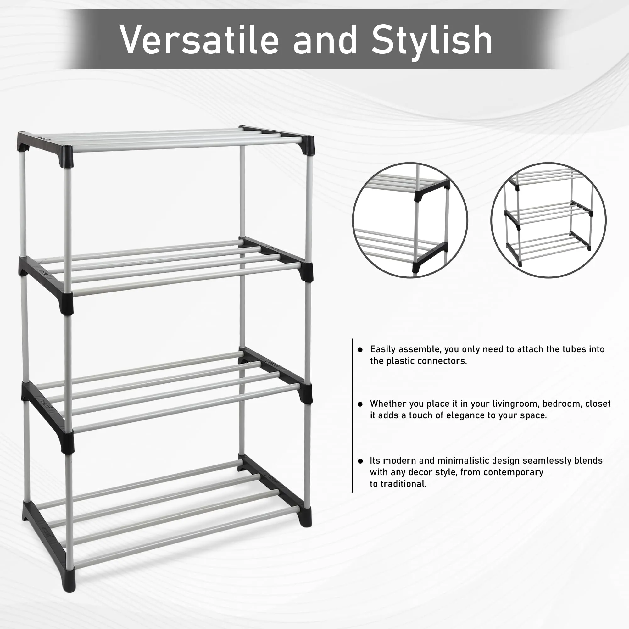 LOTSPEK Shoe Rack Organizer/Multi-Purpose Plastic 4 Layers Portable and Shelf Storage Cabinet Stand Expandable for Heels, Boots, Slippers Rack(Black)