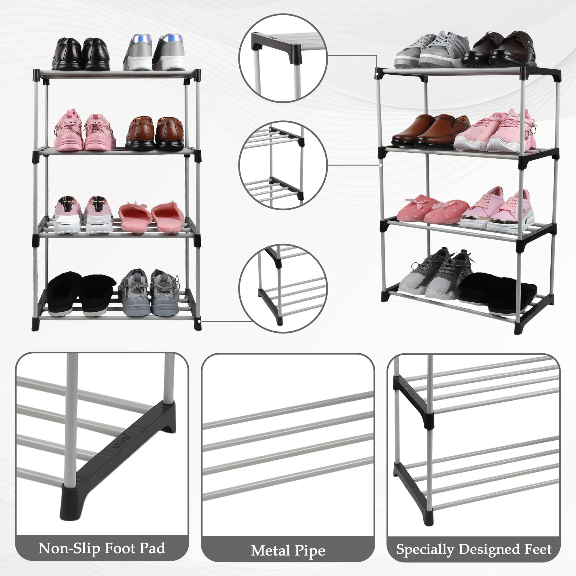 LOTSPEK Shoe Rack Organizer/Multi-Purpose Plastic 4 Layers Portable and Shelf Storage Cabinet Stand Expandable for Heels, Boots, Slippers Rack(Black)