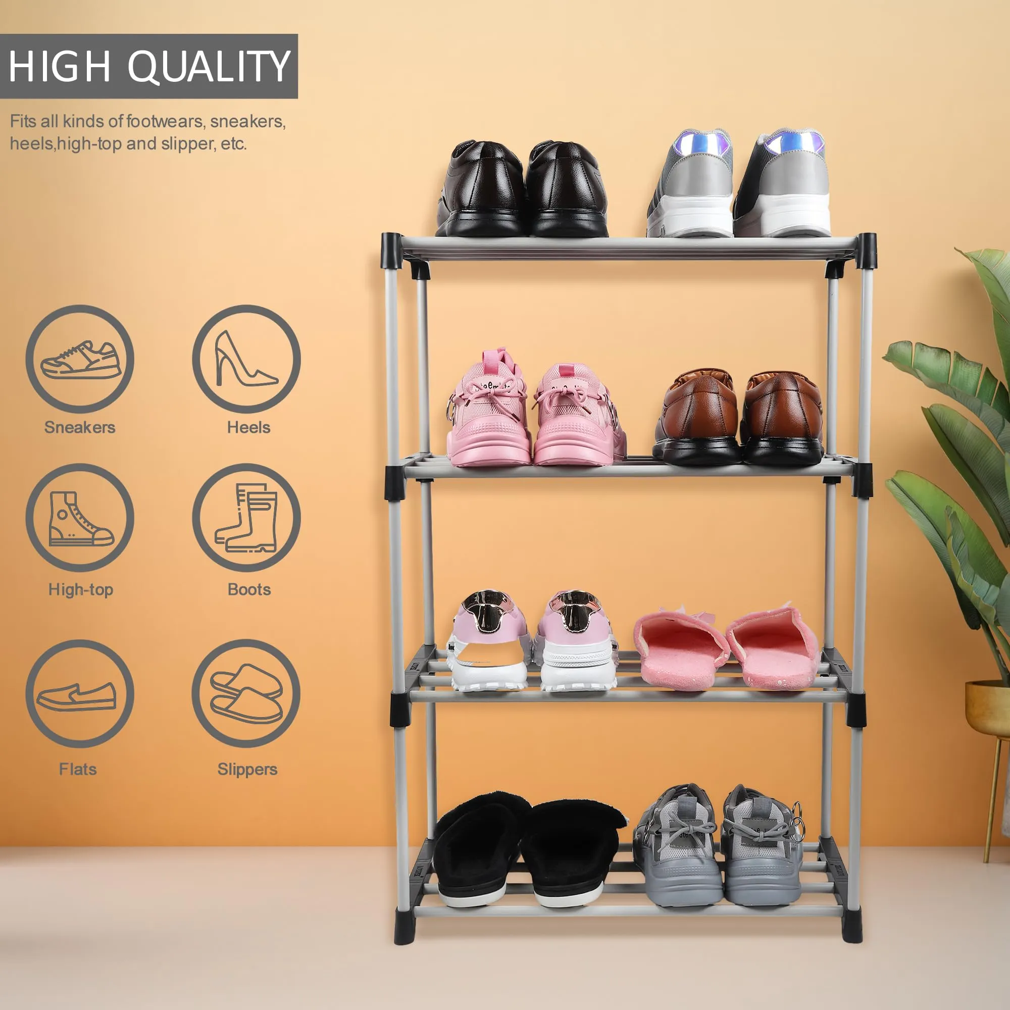 LOTSPEK Shoe Rack Organizer/Multi-Purpose Plastic 4 Layers Portable and Shelf Storage Cabinet Stand Expandable for Heels, Boots, Slippers Rack(Black)