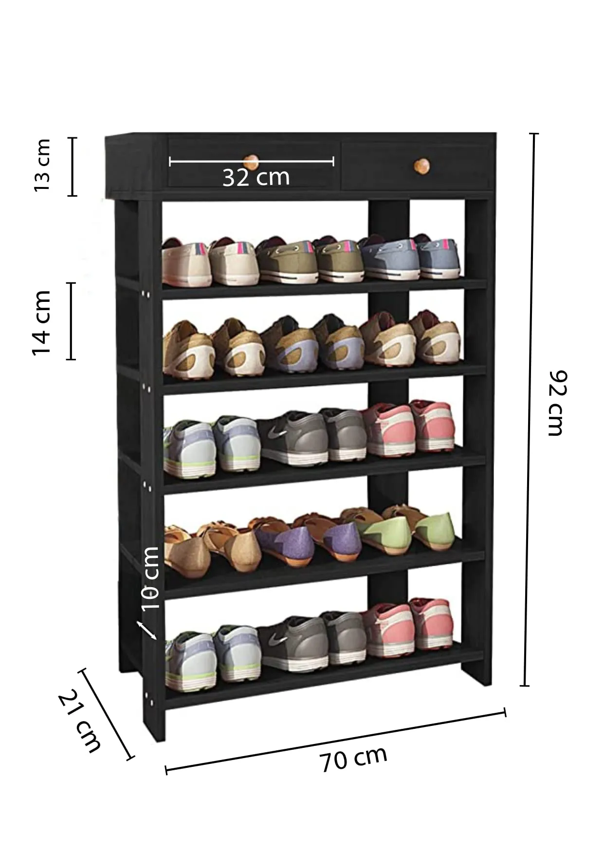 Lukzer 5 Layer Engineered Wood Shoe Rack with Two Drawer Storage Organizer Shelf Free Standing Stand Plants Display Rack Entryway Cabinets (Black/SR-001/92 x 21x 70 cm) DIY (Do It Yourself)