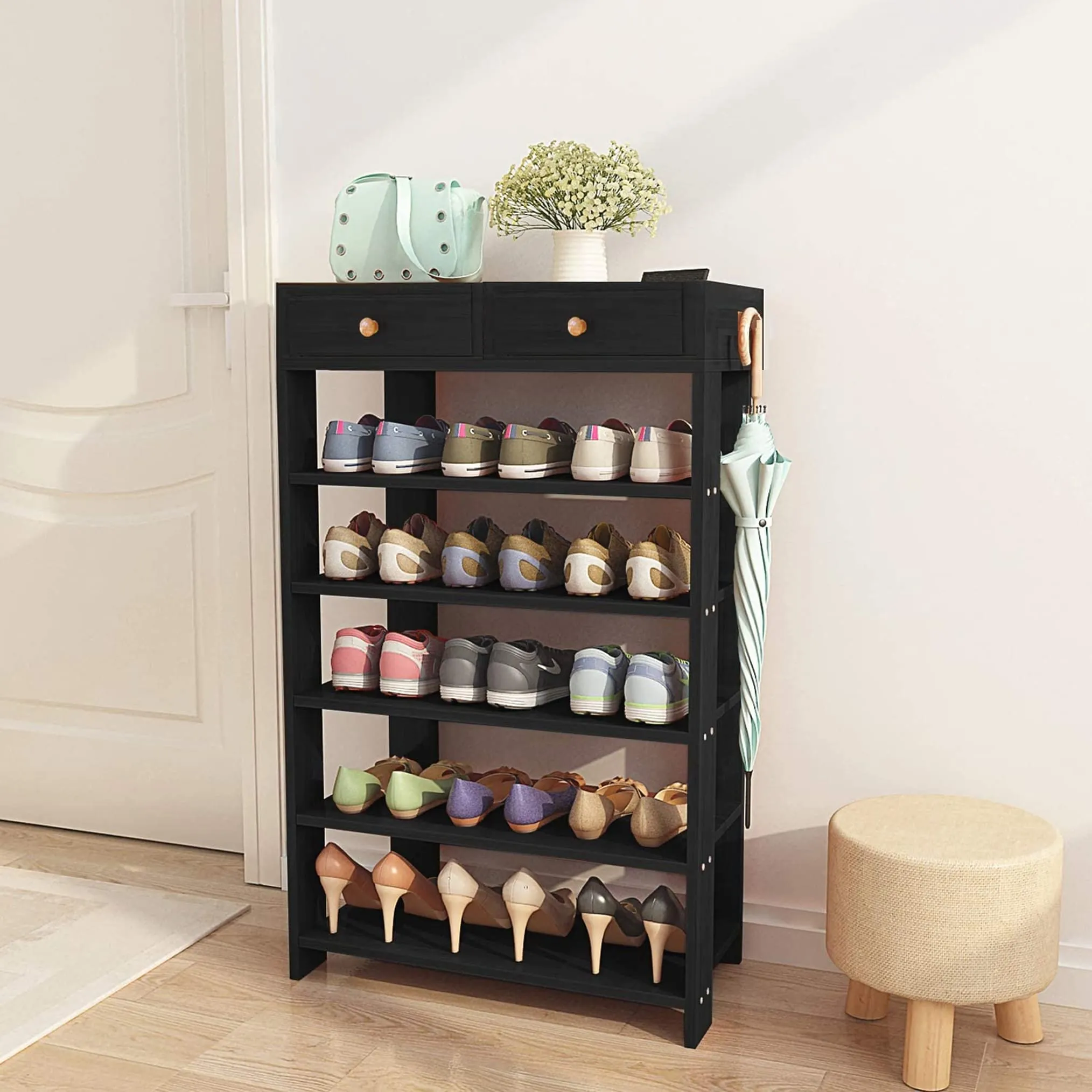 Lukzer 5 Layer Engineered Wood Shoe Rack with Two Drawer Storage Organizer Shelf Free Standing Stand Plants Display Rack Entryway Cabinets (Black/SR-001/92 x 21x 70 cm) DIY (Do It Yourself)