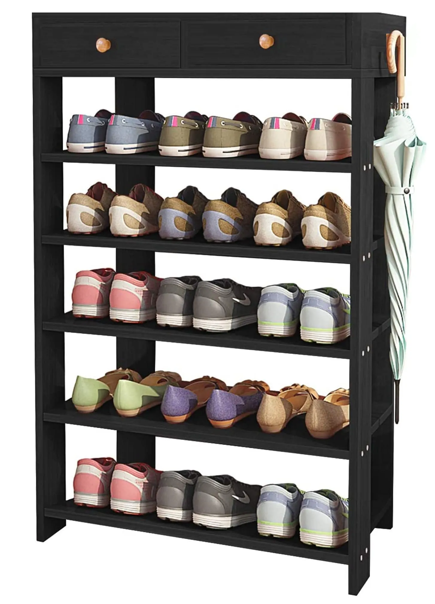 Lukzer 5 Layer Engineered Wood Shoe Rack with Two Drawer Storage Organizer Shelf Free Standing Stand Plants Display Rack Entryway Cabinets (Black/SR-001/92 x 21x 70 cm) DIY (Do It Yourself)