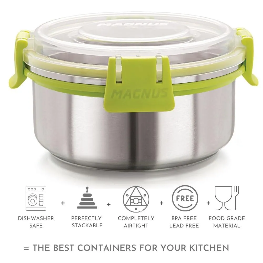 Magnus Klip Lock Stainless Steel Airtight Leakproof Storage Container Set of 3, 300 ML Each - Kitchen Accessories Items, Lunch Box, Lunch Boxes for Office Men