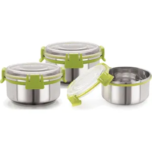 Magnus Klip Lock Stainless Steel Airtight Leakproof Storage Container Set of 3, 300 ML Each - Kitchen Accessories Items, Lunch Box, Lunch Boxes for Office Men