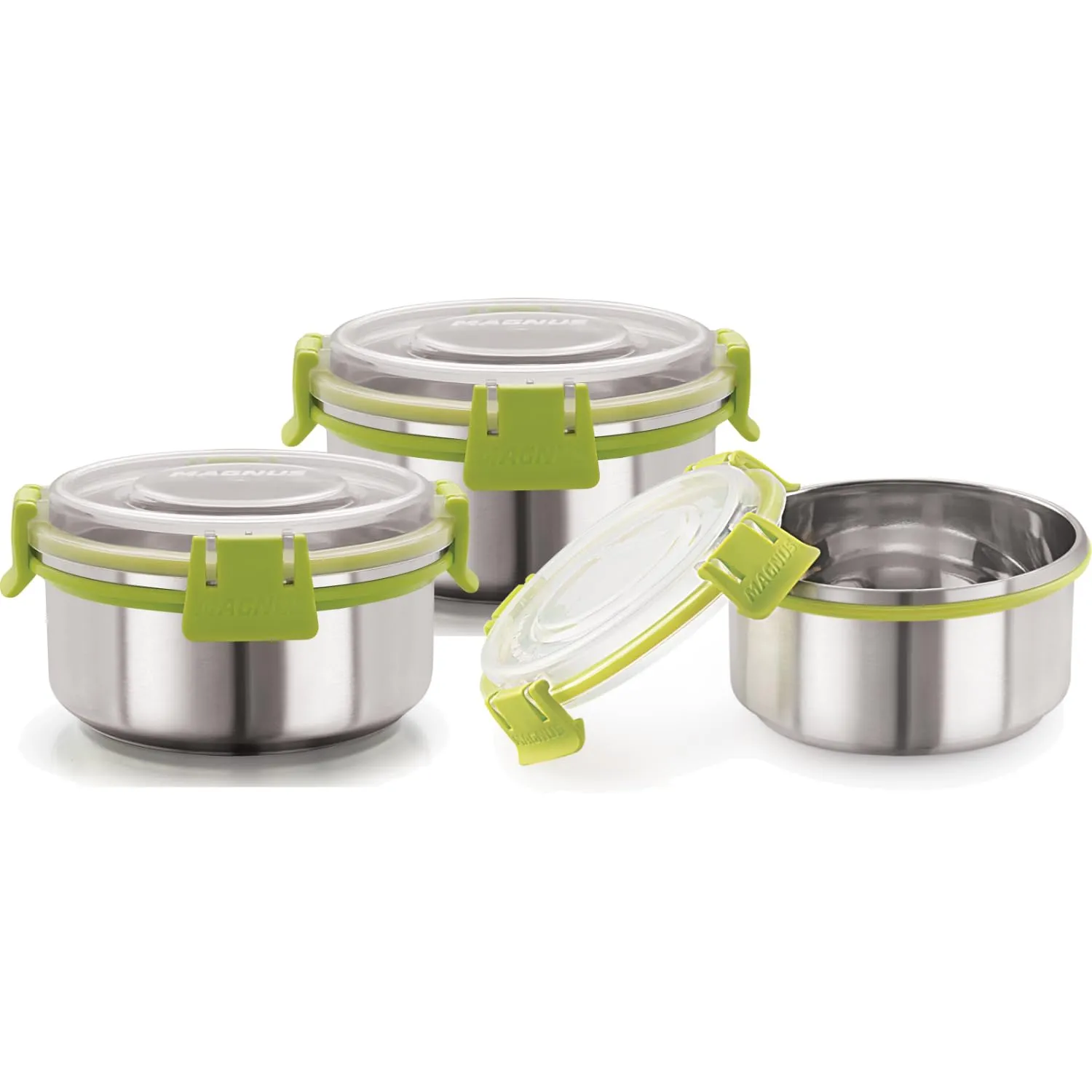 Magnus Klip Lock Stainless Steel Airtight Leakproof Storage Container Set of 3, 300 ML Each - Kitchen Accessories Items, Lunch Box, Lunch Boxes for Office Men