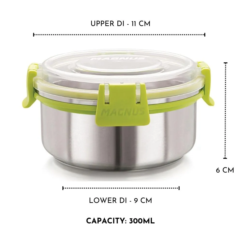 Magnus Klip Lock Stainless Steel Airtight Leakproof Storage Container Set of 3, 300 ML Each - Kitchen Accessories Items, Lunch Box, Lunch Boxes for Office Men
