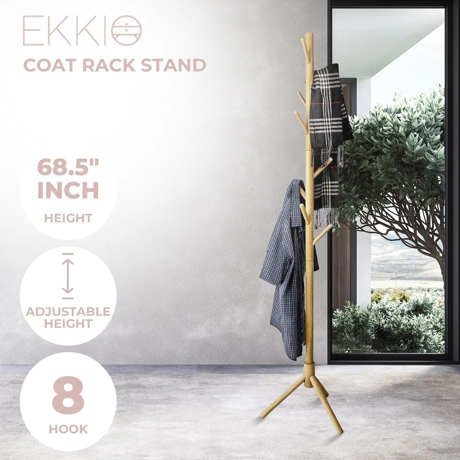 Moso Bamboo 8-Hook Coat Rack Stand, Space-Saving - Ekkio