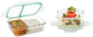 Signoraware Slim High Borosilicate Bakeware Safe Glass Big Lunch Box, 1000 ML, Clear & Signoraware Lock 'N' Store High Borosilicate Bakeware Safe Glass Container Square, 320 ML