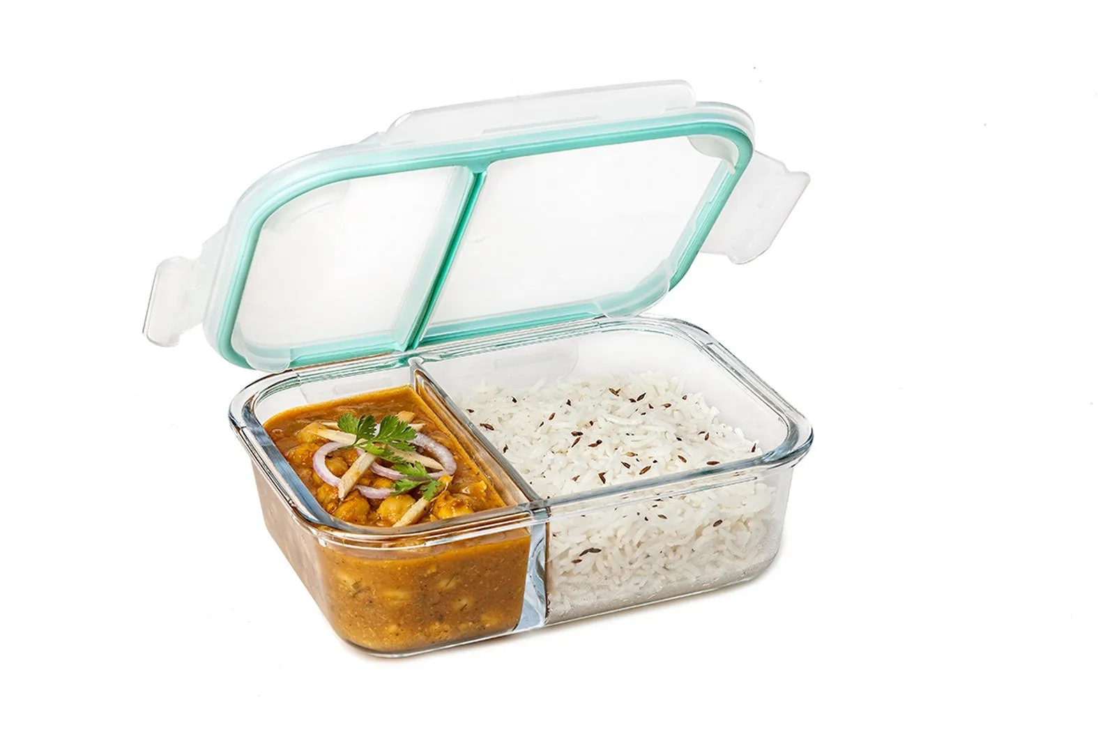 Signoraware Slim High Borosilicate Bakeware Safe Glass Small Lunch Box, 600 ML, Clear & Signoraware Lock 'N' Store High Borosilicate Bakeware Safe Glass Container Square, 320 ML