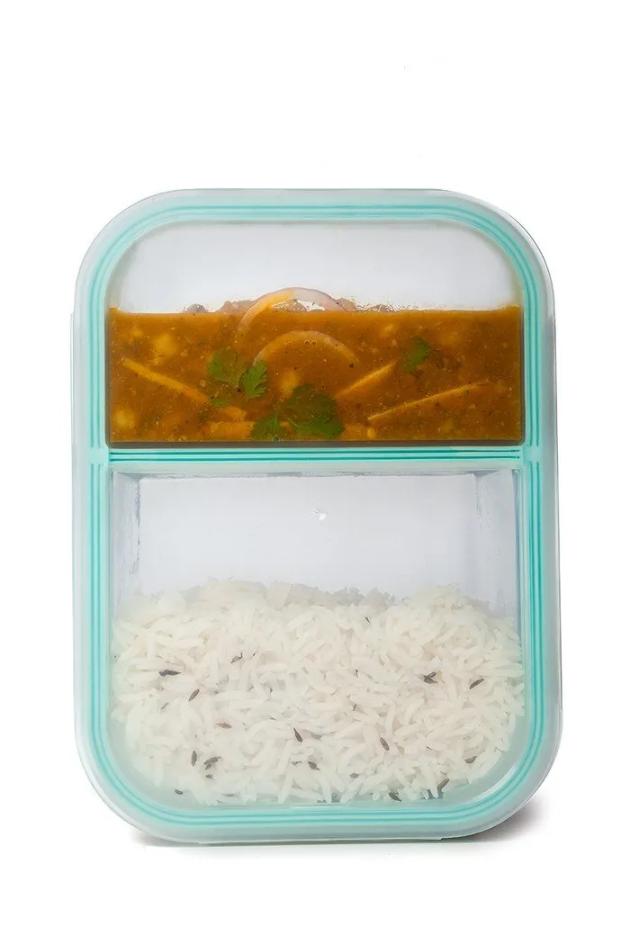 Signoraware Slim High Borosilicate Bakeware Safe Glass Small Lunch Box, 600 ML, Clear & Signoraware Lock 'N' Store High Borosilicate Bakeware Safe Glass Container Square, 320 ML