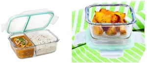 Signoraware Slim High Borosilicate Bakeware Safe Glass Small Lunch Box, 600 ML, Clear & Signoraware Lock 'N' Store High Borosilicate Bakeware Safe Glass Container Square, 320 ML