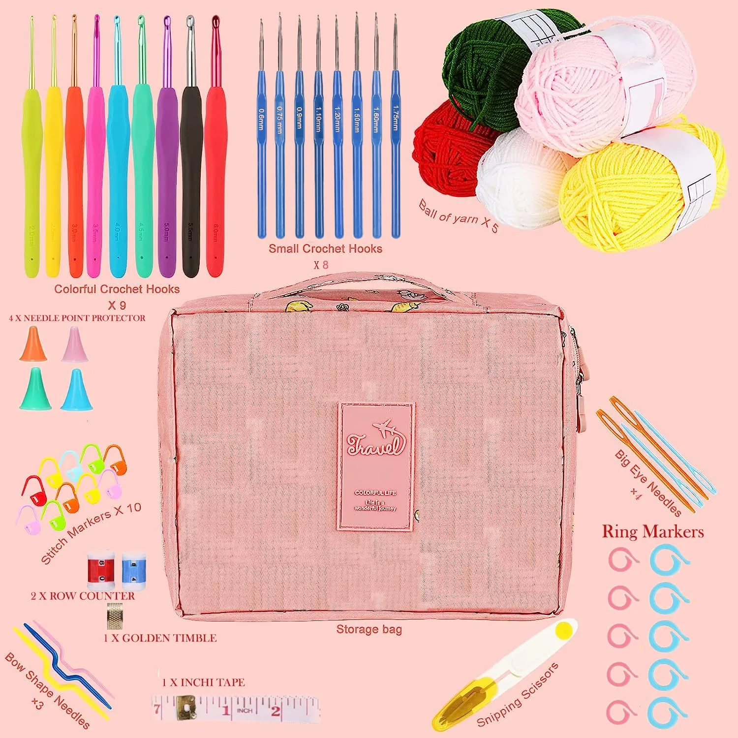 Wolly Wonders Crochet Kit for Beginners Adults, Crochet Kits Include Yarns, 59pcs Crochet Starter Kit for Beginners Kids, Crochet Hooks 2.0-6.0 mm, Lace Steel Needles 0.6-1.9 mm